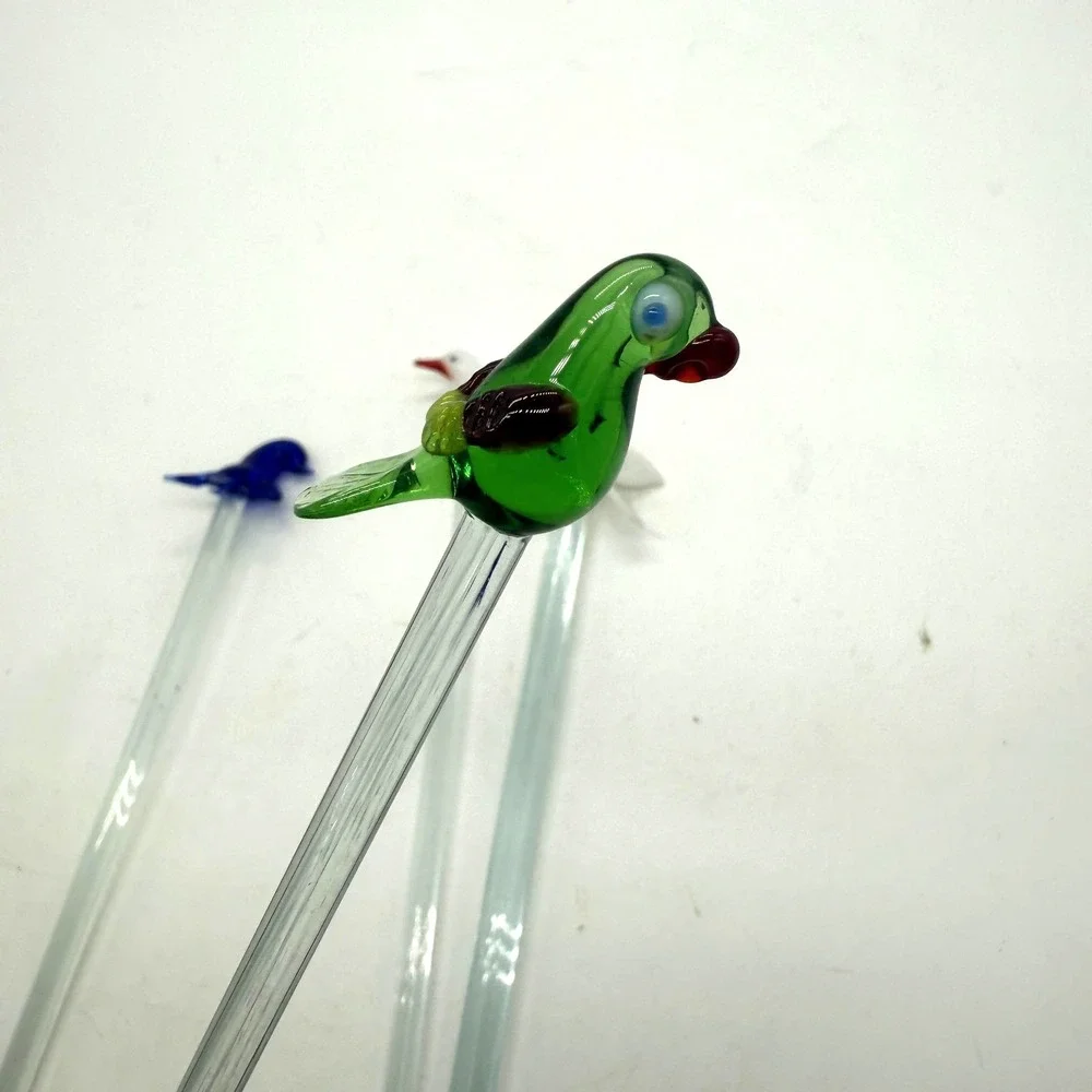 Art Glass Birds Of Britain Cocktail Glass Stirrers Set 4 Multicolor‎ Unmarked